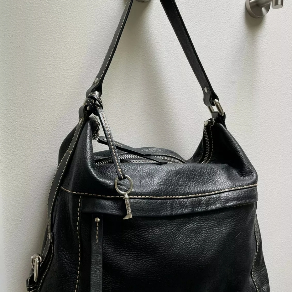 Fossil Black Pebbled Leather Hobo Satchel Tote Bag with Silver Key Charm - Picture 1 of 11